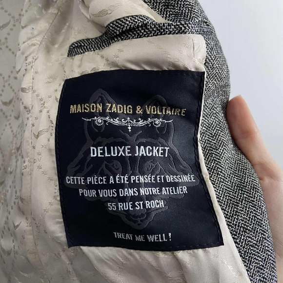 ZADIG & VOLTAIRE Herringbone metallic grey silver wool blazer removal skull pin - Picture 5 of 14
